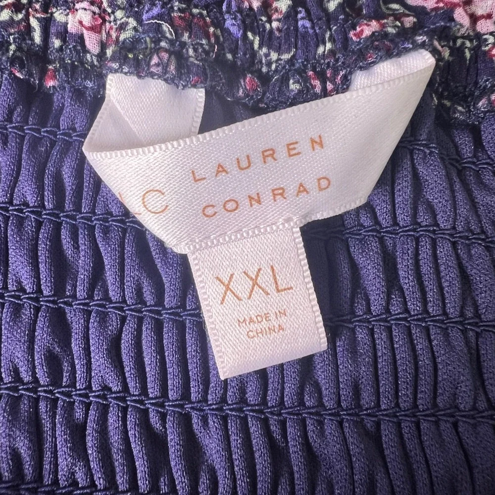 Lauren Conrad Floral Midi Dress XXL Square Neck Smocked Pink Blue - Picture 7 of 9